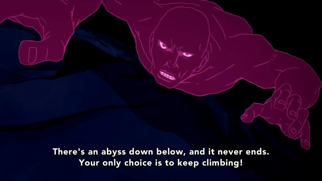 Ping Pong: The Animation - Ryuichi Kazama climbing the mountain as a purple metaphorical humanoid