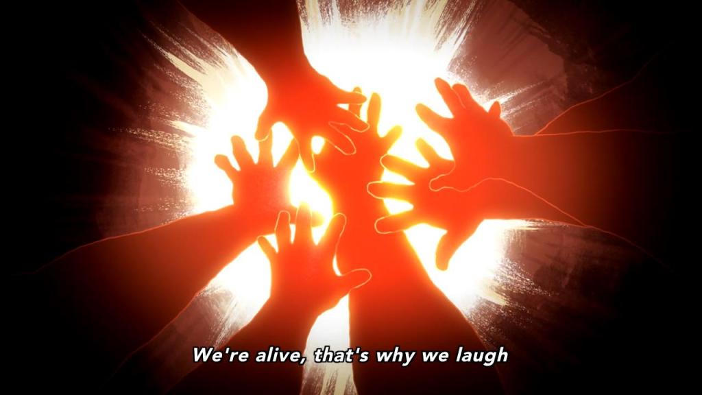 Ping Pong: The Animation - We're all alive, that's why we laugh, red hands in a circle reaching for the sun